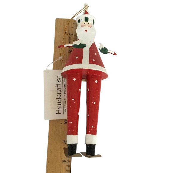 Handcrafted Tin Santa Skiing Ornament Red White Folk Art Lodge Christmas Decor - Picture 5 of 6